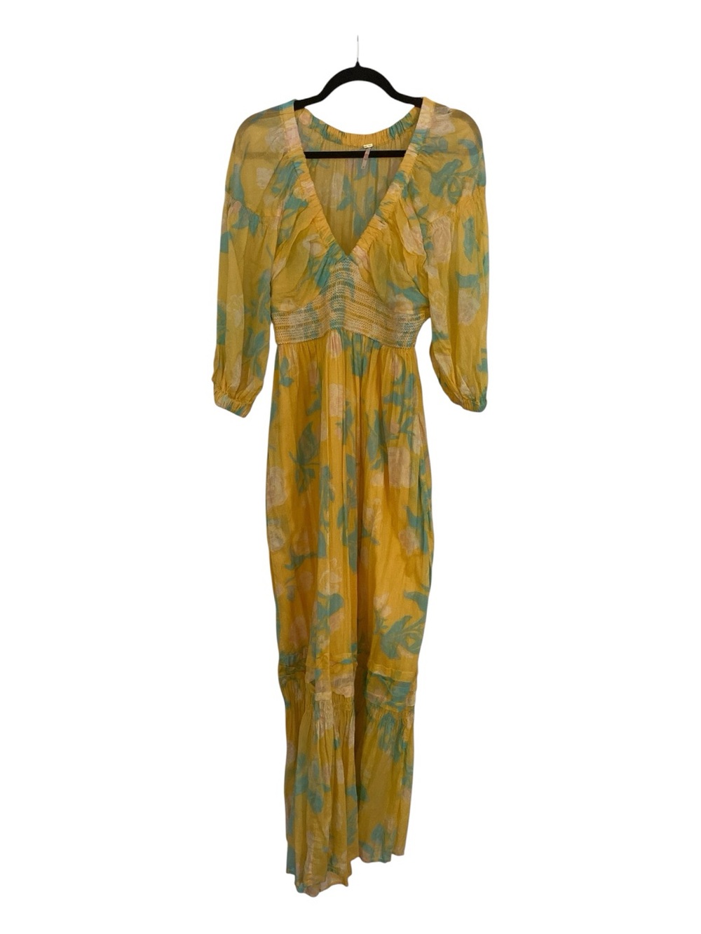 Free People Yellow Floral V-Neck Maxi Dress with Teal Accents